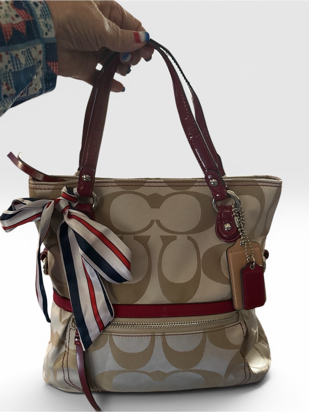 Coach Signature Tan and Red Tote in EUC 2012